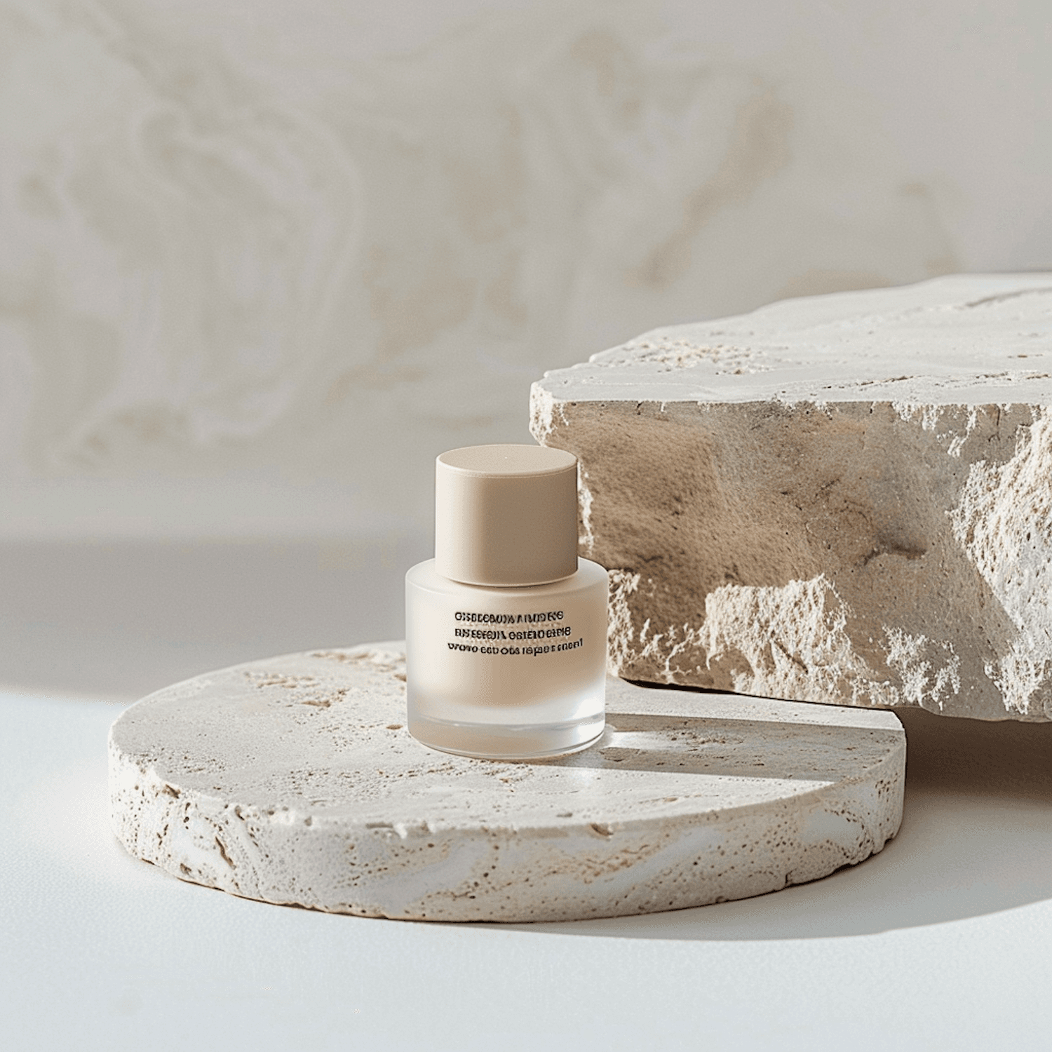 Cosmetic bottle on a textured stone surface in soft light