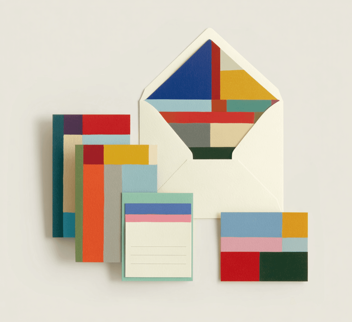 Colourful geometric stationery set with cards and an envelope
